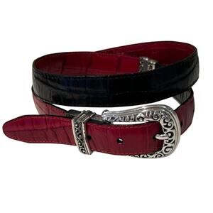 Brighton Red Black Reversible Leather Belt XL 36 Silver Buckle Classic Chic